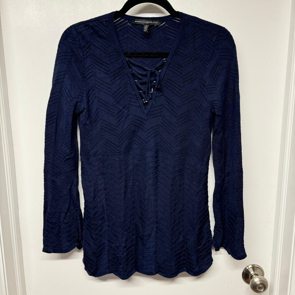 White House Black Market Navy Blue Scallop Hem Long Sleeve Top Lace Up Small